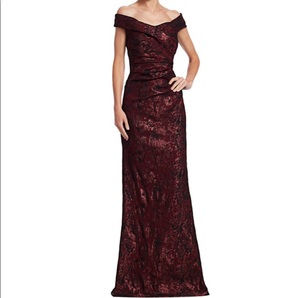 Teri Jon Off-Shoulder Burgundy and Black Jacquard Gown